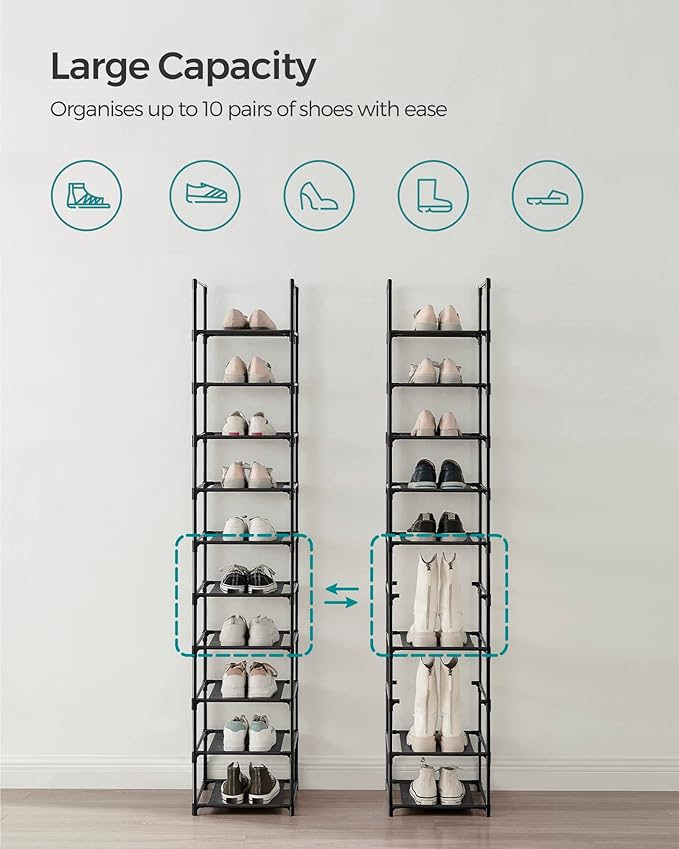 SONGMICS Shoe Rack, 10-Tier Shoe Shelf, Shoe Storage Organizer, 13 x 13 x 68 Inches, Metal Frame, Non-Woven Fabric Shelves, for Entryway, Bedroom, Black ULSR110B02