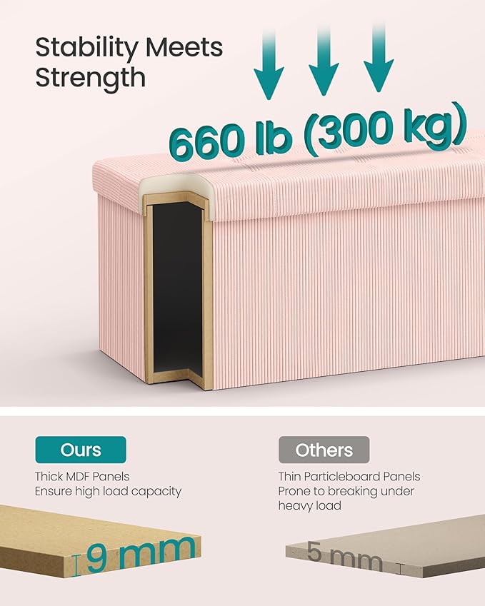SONGMICS Mazie Collection - Storage Ottoman Bench, Foldable Foot Rest, 15 x 30 x 15 Inches, End of Bed Bench, Storage Chest, Load 660 lb, Living Room, Bedroom, Entryway, Jelly Pink ULSF603R01