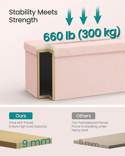 SONGMICS Mazie Collection - Storage Ottoman Bench, Foldable Foot Rest, 15 x 30 x 15 Inches, End of Bed Bench, Storage Chest, Load 660 lb, Living Room, Bedroom, Entryway, Jelly Pink ULSF603R01