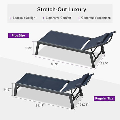 PURPLE LEAF Outdoor Oversized Lounge Chair Set of 3 Patio Chaise Pool Lounger Aluminum Frame with Side Table and Wheels for Outside Sunbathing Tanning Recliner Including Pillows Navy Blue
