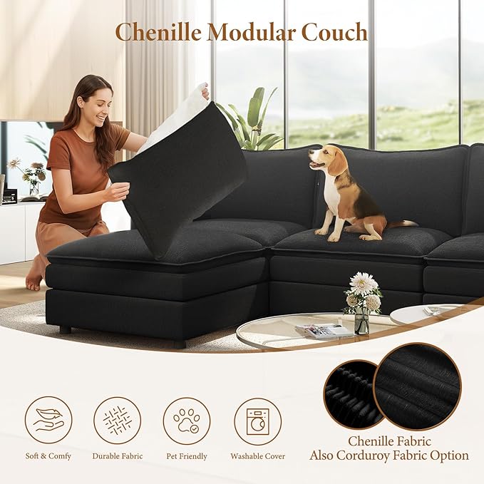 Vesgantti 142" Oversized Sectional Sofa Bed, 8-Seater Modular Sleeper Cloud Couch with Movable Ottoman, Chenille Convertible Sofa Set Deep Seat Couches for Living Room, Bedroom and Apartment, Black