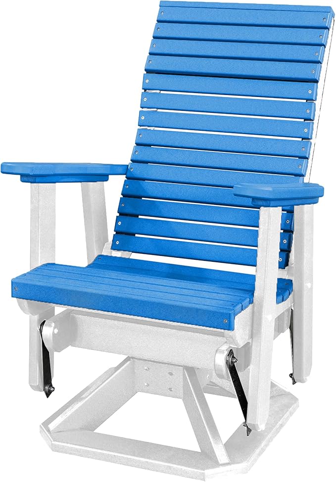 DutchCrafters Modern Horizontal Slat High Back Poly Adirondack Swivel Glider Outdoor Patio Chair (White & Blue)