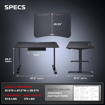 Respawn 1048 Gaming Desk with Cable Management - 48 Inch Ergonomic Full Computer Desk Mouse Pad, Sturdy Home Office Workstations, Laptop PC Console Gamer Table, Wooden Study Table for Bedroom - Black