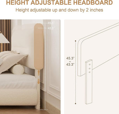 Queen Bed Frame, Cloud Upholstered Boucle Platform Bed with Adjustable Headboard, Anti-Collision Soft Rounded Corners, Noise Free, Easy Assembly, Cream