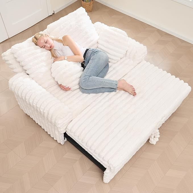 Belffin Upholstered Chaise Lounge Pull Out Sofa Bed with Pillows Couch Bed Sofa Pull Out Couch Sleeper Chair with Rolled Armrests for Living Room Plush Corduroy (White)