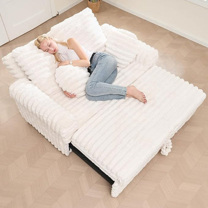 Belffin Upholstered Chaise Lounge Pull Out Sofa Bed with Pillows Couch Bed Sofa Pull Out Couch Sleeper Chair with Rolled Armrests for Living Room Plush Corduroy (White)