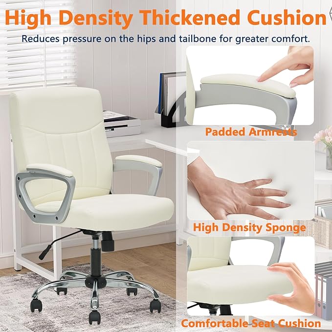 CLATINA Office Computer Desk Chair Executive Mid Back Chair Comfortable Ergonomic Managerial Chair Adjustable PU Leather Home Office Desk Chair Swivel, White 2PK