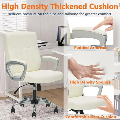 CLATINA Office Computer Desk Chair Executive Mid Back Chair Comfortable Ergonomic Managerial Chair Adjustable PU Leather Home Office Desk Chair Swivel, White 2PK