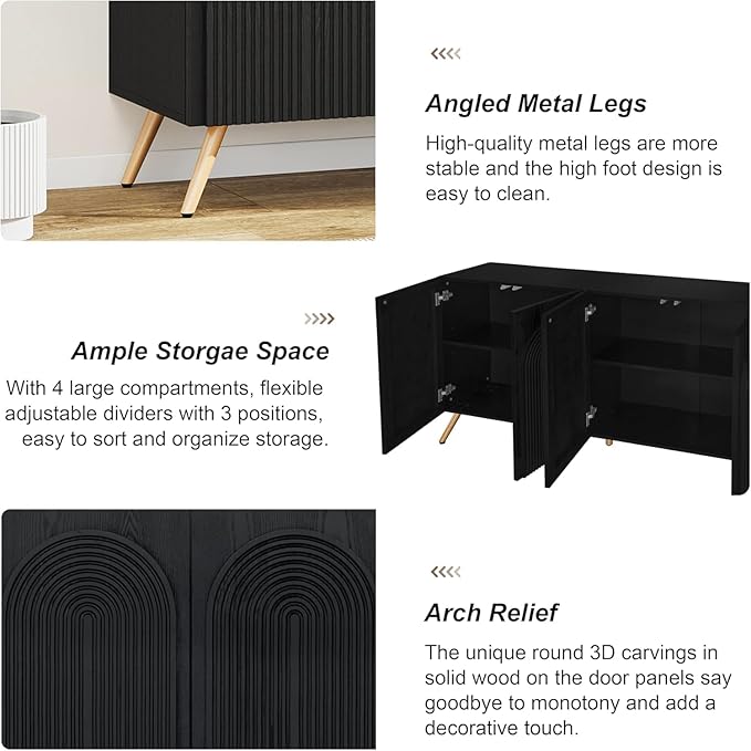 Sideboard Buffet Cabinet with Adjustable Shelves, Modern Storage Cabinet with Arched 3D Carved Wood Doors, Credenza Accent Cabinet for Living Room, Dining Room, Entryway (59" Arched Black, 1)