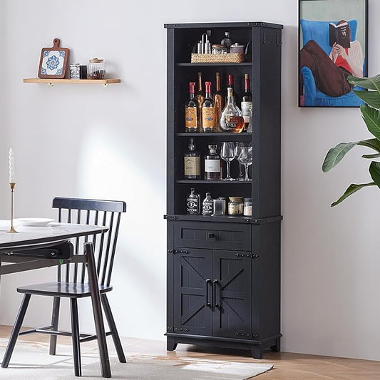 72in Tall Bookshelf 7 Tier Bookcase with Drawer and Barn Doors and Adjustable Shelves, Black Farmhouse Book Shelf with Storage Cabinet, Wood Freestanding Display Bookshelves for Kitchen (4PCS)