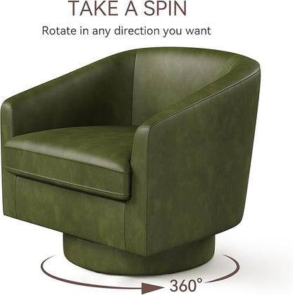 Swivel Barrel Accent Chair, Round Faux Leather Living Room Arm Chairs, Modern Upholstered Comfty Reading Nook Chairs for Bedroom, Small Club Armchair, Single Sofa Side Chair, Green