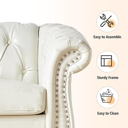 Living Room Chair, Modern Leather Chesterfield Sofa Chair, Mid Century Single Sofa Couch Chair with Tufted Back and Rolled Arms, Accent Sofa Chair for Living Room Apartment, White