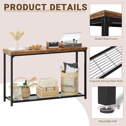 Console Table for Entryway, Narrow Entryway Table with Storage, Sofa Table with Mesh Shelves, Console Tables for Living Room, Bedroom, Hallway, Foyer (2 Tier, Rustic Brown, 47 inch)