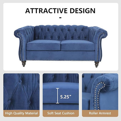 Velvet Loveseat Sofa, Mid Century Modern Upholstered Couch, 62" Oversized Comfy 2 Seater Love Seat Couch with Cushions, Tufted Chesterfield Sofa for Living Room, Bedroom, Apartment (Blue)
