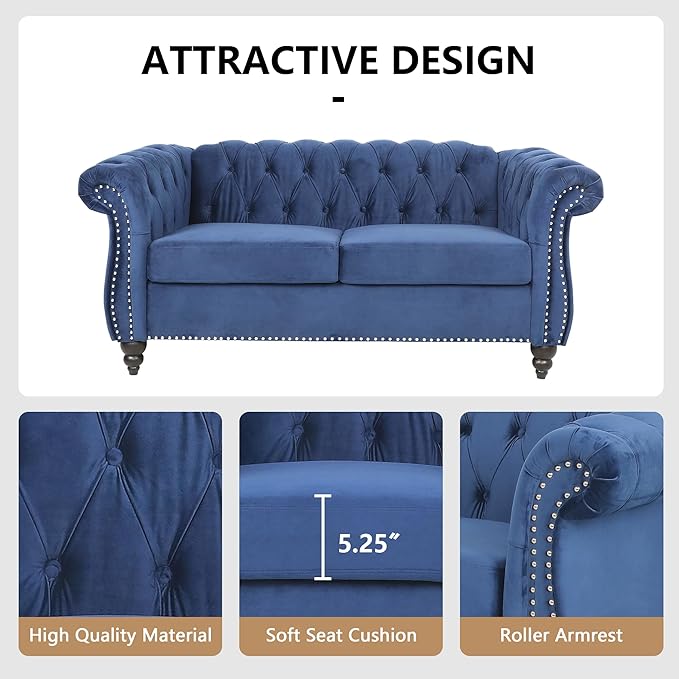 Chesterfield Loveseat Sofa, Modern Velvet Small Sofa Couch 2 Seater with Rolled Arms and Nailhead, Mid Century Modern Loveseat Couch for Small Spaces Living Room Bedroom Apartment, Blue