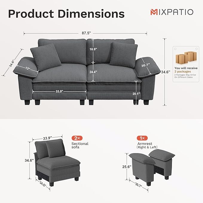87" Cloud Modular Sectional Loveseat, 2-Seater w/Deep Seat & Removable Arms, Plush Corduroy for Small Living Room & Apartment - Gray
