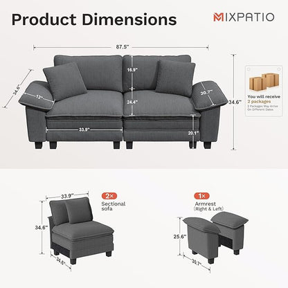 87" Cloud Modular Sectional Loveseat, 2-Seater w/Deep Seat & Removable Arms, Plush Corduroy for Small Living Room & Apartment - Gray