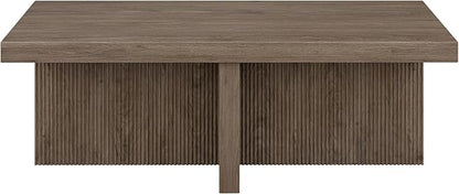 Henn&Hart 44" Fluted Rectangular Wood Pedestal Low-Profile Coffee Table for Living Room, Family Room or Office, Antiqued Gray Oak