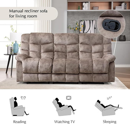 CANMOV Manual Reclining Sofa, 3 Seat Recliner Sofa with Armrest and Overstuffed Backrest, Couch Set for Living Room, Bedroom, Office, Light Brown