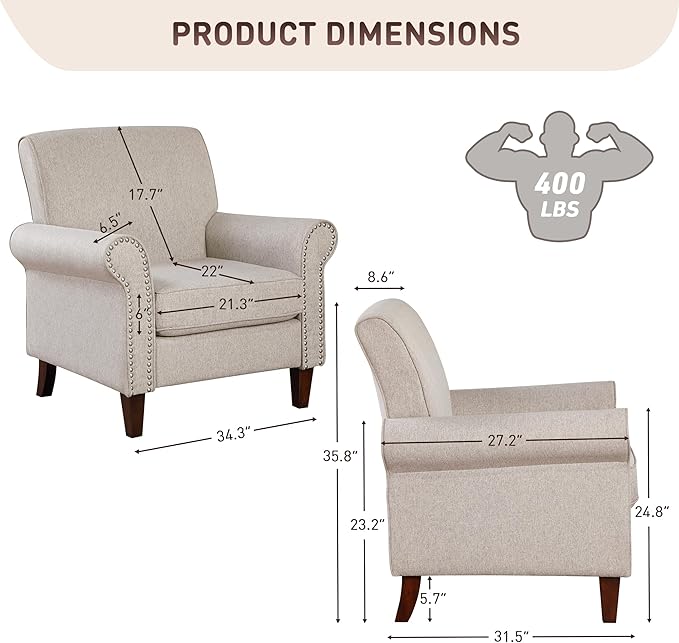 Prilinex Upholstered Living Room Chair Set of 3 - Large Comfy Fabric Accent Chair Single Sofa with Cushion, Rolled Armrest & Nailhead Trim, Mid Century Farmhouse Armchair for Bedroom, Office, Beige