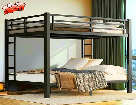 Higher Quality & Stronger Heavy Duty Industrial Style Metal Queen Over Queen Bunk Bed, Thickened More Stable Black Steel Bunkbed (Easier to Assemble)