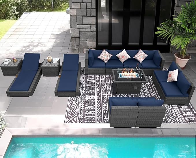 NICESOUL 13Pcs Patio Furniture Sets with Firepit, Contemporary Rattan Modular 10-Seater Outdoor Patio Set with Matching Chaise, Extra Wide Deep Seat Sectional Sofa and Lounger for Deck, Grey&Navy Blue