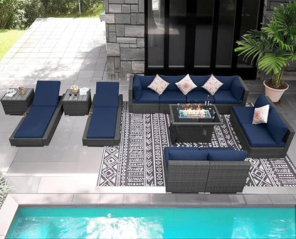 NICESOUL 13Pcs Patio Furniture Sets with Firepit, Contemporary Rattan Modular 10-Seater Outdoor Patio Set with Matching Chaise, Extra Wide Deep Seat Sectional Sofa and Lounger for Deck, Grey&Navy Blue