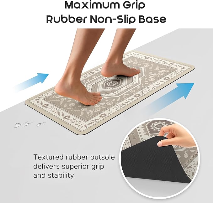 ArtyCozy 2 Piece Boho Kitchen Rug Set, Non-Slip Super Absorbent Kitchen Mats for Floor with Rubber Backing, Stain Resistant Runner for Hallway Laundry Holiday Decor, Khaki, 20" × 32'' Plus 20'' × 47''