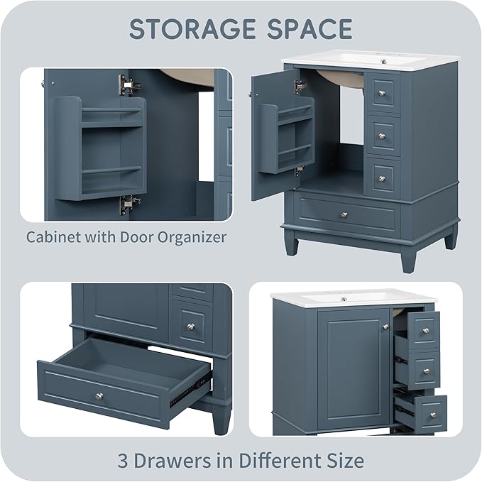 24 Inch Bathroom Vanity with Sink, Freestanding Bathroom Sink Cabinet with 3 Drawers and Storage Door Rack Organizer, Solid Wood Legs, Blue Gray