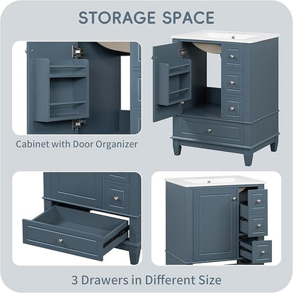 24 Inch Bathroom Vanity with Sink, Freestanding Bathroom Sink Cabinet with 3 Drawers and Storage Door Rack Organizer, Solid Wood Legs, Blue Gray