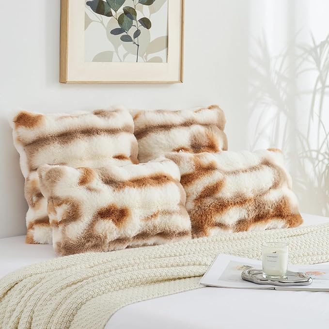 FUTEI Brown White Decorative Throw Pillow Covers 20x20 Inch Set of 2,Soft Fuzzy Faux Rabbit Fur Cushion Covers with Raised Texture,Neutral Boho Home Decor for Couch Bed Living Room