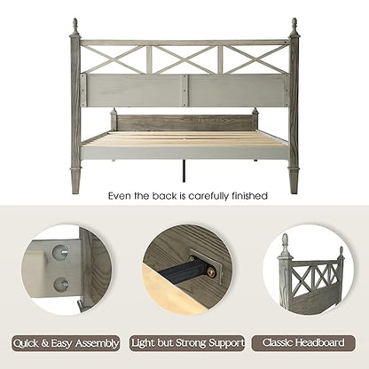 Queen Size Platform Bed Frame with Solid Wood Headboard & Footboard, Metal Legs, 12 Durable Slatted Base, No Box Spring Needed, Easy Assembly, Noise-Free & Anti-Slip, Weathered Gray Oak Finish, RIQ-34