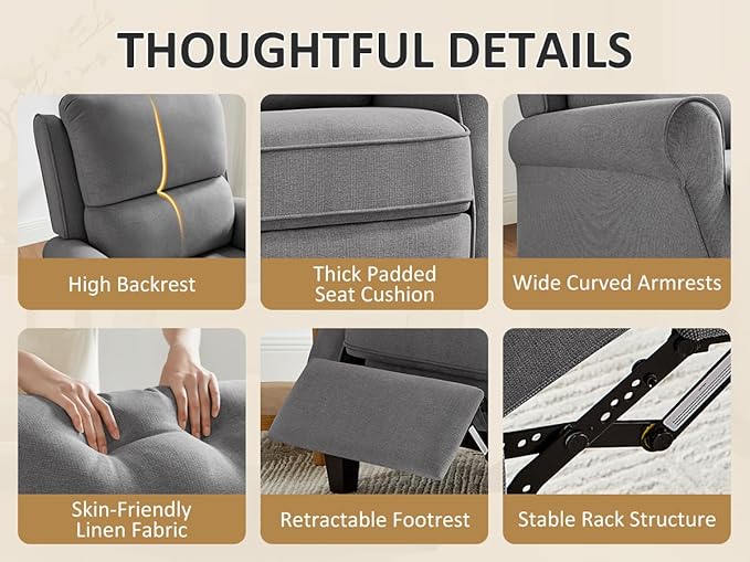 Recliner Chair for Living Room, Modern Reclining Sofa Home Theater Seating with Upholstered Push Back, Mid-Century Reclining Armchair with Lumbar Support, Bedroom, Reading Nook, Office, Set of 2