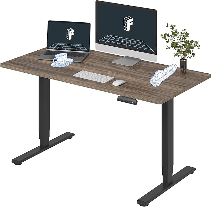 FLEXISPOT E6 3 Stages Dual Motor Electric Standing Desk 55x28 Inch Whole-Piece Board Height Adjustable Electric Sit Stand Desk(Black Frame + Brown Wood Grain Desktop, 2 Packages)