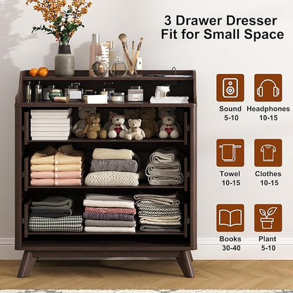 3 Drawer Dressers for Bedroom, 32" Large Wood Storage Dresser & Chest of Drawers with Charging Station, Wide Modern Dressers with 3 Drawer Storage Organizer for Bedroom Living Room Closet Brown