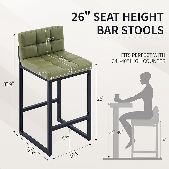 Bar Stools Set of 3, Upholstered PU Leather Counter Height Barstools with Low Back and Thickened Metal Legs, Modern Counter Stools for Kitchen Island (Avocado Green, 3Pcs 26" Bar Stools)
