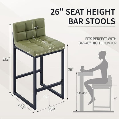 Bar Stools Set of 3, Upholstered PU Leather Counter Height Barstools with Low Back and Thickened Metal Legs, Modern Counter Stools for Kitchen Island (Avocado Green, 3Pcs 26" Bar Stools)
