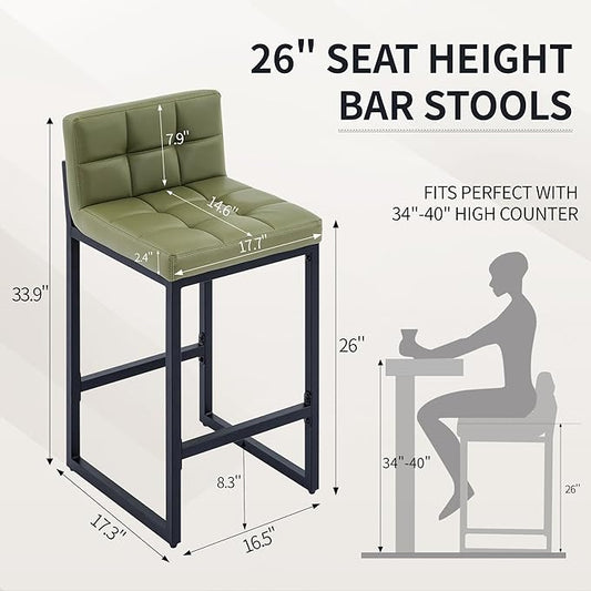 Bar Stools Set of 3, Upholstered PU Leather Counter Height Barstools with Low Back and Thickened Metal Legs, Modern Counter Stools for Kitchen Island (Avocado Green, 3Pcs 26" Bar Stools)