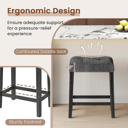 COSTWAY Wooden Saddle Stools Set of 2, 24-inch Counter Height Upholstered Backless Bar Stools with Solid Rubber Wood Legs, Padded Seat, Farmhouse Dining Chairs for Kitchen Island, Cafe, Grey