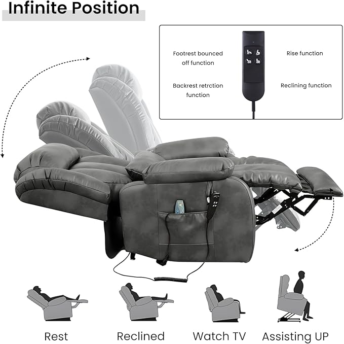 TEKAMON Power Lift Recliner Chair for Elderly with Heat & Massage, Dual Motor Genuine Leather Recliner, Lay Flat Sleeping Chairs with Infinite Position, RemoteControl(Silver Grey, Extended)