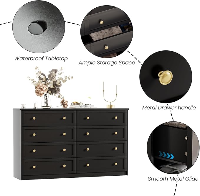 CHUWELL 8 Drawer Dresser for Bedroom, 55.1" Wide Black Dressers & Large Chests of Drawers with Large Capacity Storage,Dresser for Bedroom