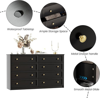 CHUWELL 8 Drawer Dresser for Bedroom, 55.1" Wide Black Dressers & Large Chests of Drawers with Large Capacity Storage,Dresser for Bedroom