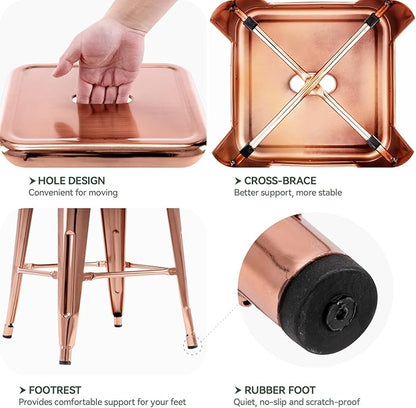 Vogue Furniture Direct 24" Bar Stools Backless Metal Barstools Indoor-Outdoor Counter Height Stools with Square Seat, Set of 4 (Rose Gold)