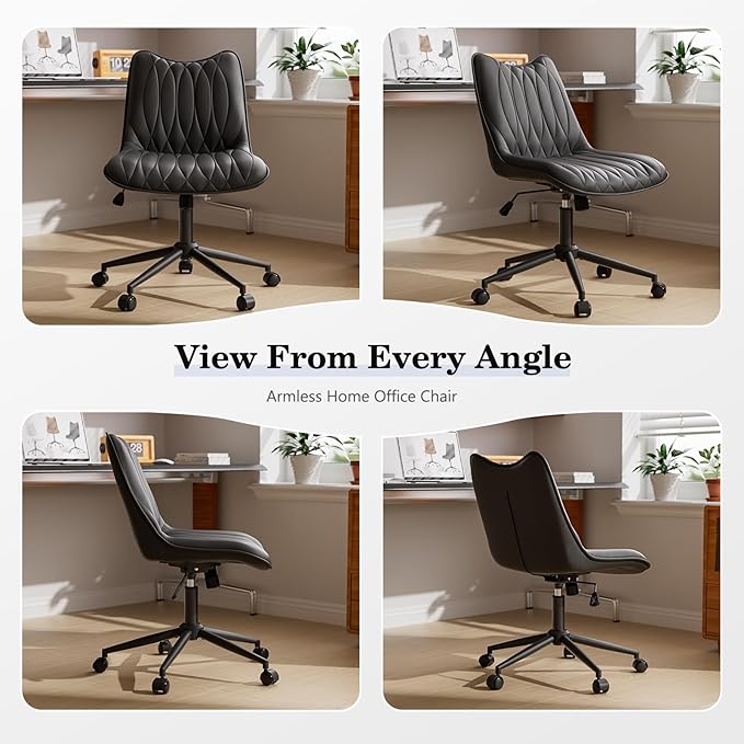 Armless Desk Chair, Armless Office Chair with Wheels, Small Desk Chair No Arms for Home Office, Swivel Vantiy Chair with Backs for Bedroom, Rolling Task Chair for Small Space, Black