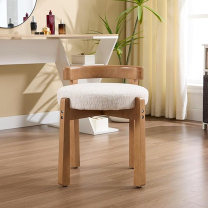 Modern Vanity Chair Upholstered Small Ottoman Footstool, Make Up Stool Chenille Fabric with Backrest Wooden Frame for Living Room Bedrooms, 1PC, Beige