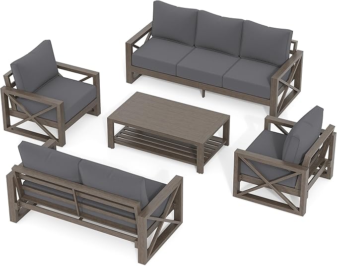 UDPATIO 5 Piece Aluminum Patio Furniture Set Faux Wood Grain Modern Outdoor Furniture Set with 6" Olefin Fabric Cushions and Coffee Table, 600D Waterproof Cover Included, Dark Grey
