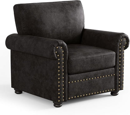 ONBRILL Nailhead Trim Accent Chair, Faux Leather Club Chair for Living Room, Comfy Armchair with Springs Cushions & Solid Wood Legs, Traditional Rolled Arms Single Sofa for Bedroom, Apartment, Black