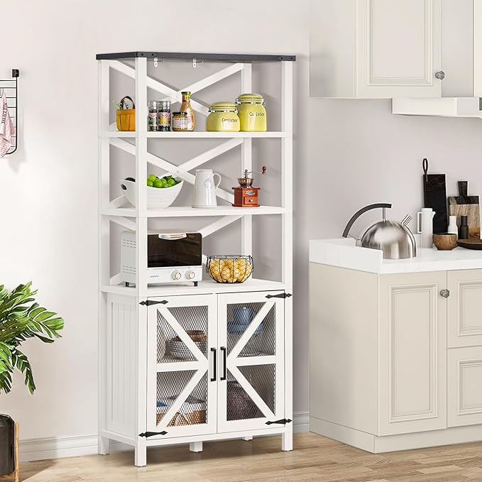 5 Tier Bookshelf 70" Rattan Boho Tall Bookcase with Barn Doors,Farmhouse Display Book Shelf with Adjustable Shelves and Storage Cabinet,Wood Bookshelves for Living Room,Kitchen,Natural (3PCS)