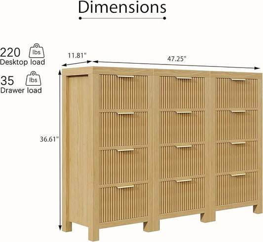 Modern 12-Drawer Solid Wood Dresser with Fluted Front & Gold Handles, Multifunctional Tall Storage Chest, for Hallway, Entryway, Natural X3