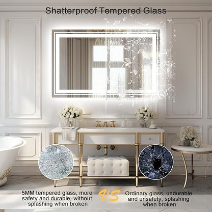 WTTY LED Bathroom Mirror 60"x28" with Back and Front Light,Modern LED Mirror for Bathroom,Stepless Dimmable Lighted Bathroom Vanity Mirror with Anti-Fog,Memory Function,Shatter-Proof